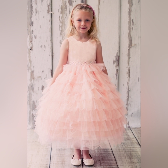 Layered mesh princess dress with a beautiful pearl and gem trim. Size 8 - Picture 8 of 14